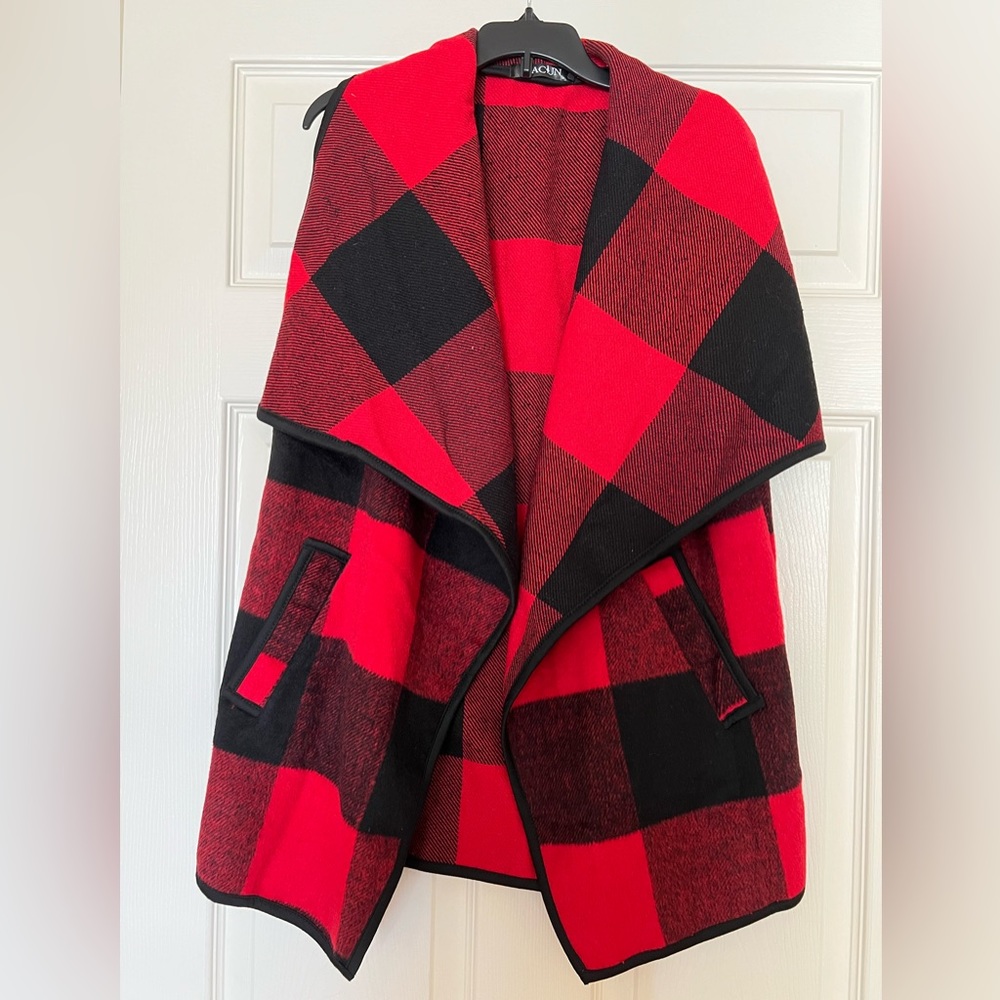 Buffalo plaid open front vest cardigan